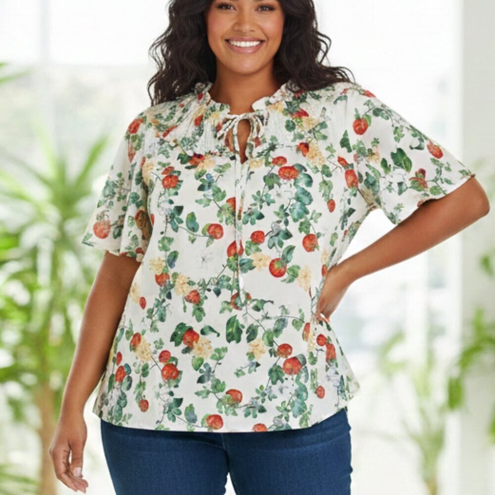 Bloomchic Tomato Print Frill Trim Lace Up Blouse - NWT - Size 14-16